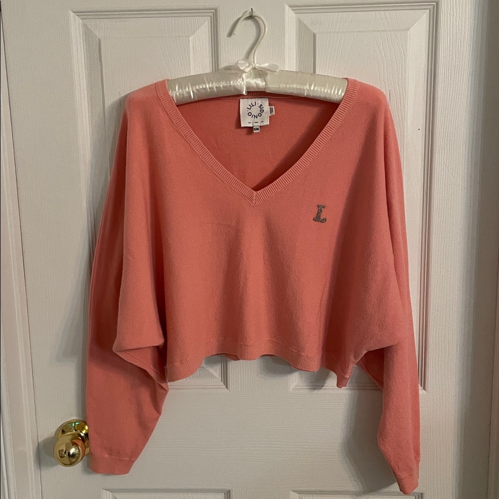 LILI SIDONIO Coral Pink Cropped V-Neck Sweater S/M